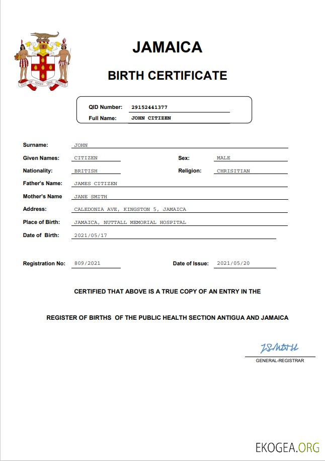 Modèle Word et PDF d'acte de naissance d'acte d'état civil de la Jamaïque